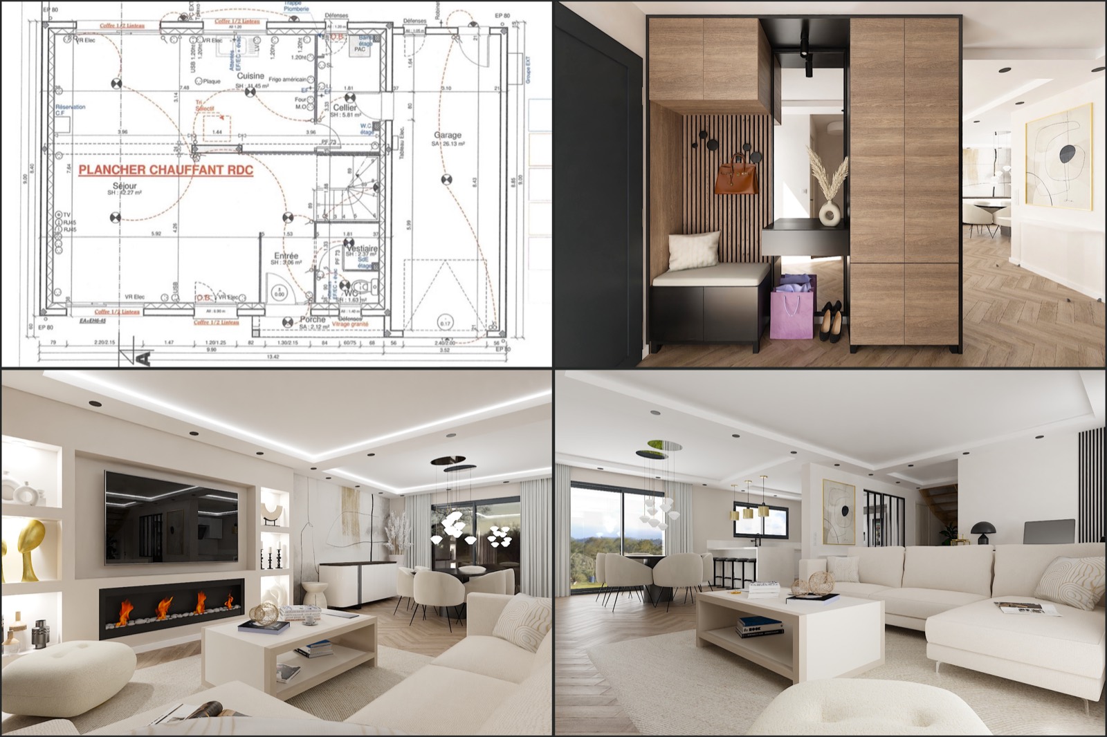 Plan et projection 3D entrée, dressing et séjour d'une maison, Namélya