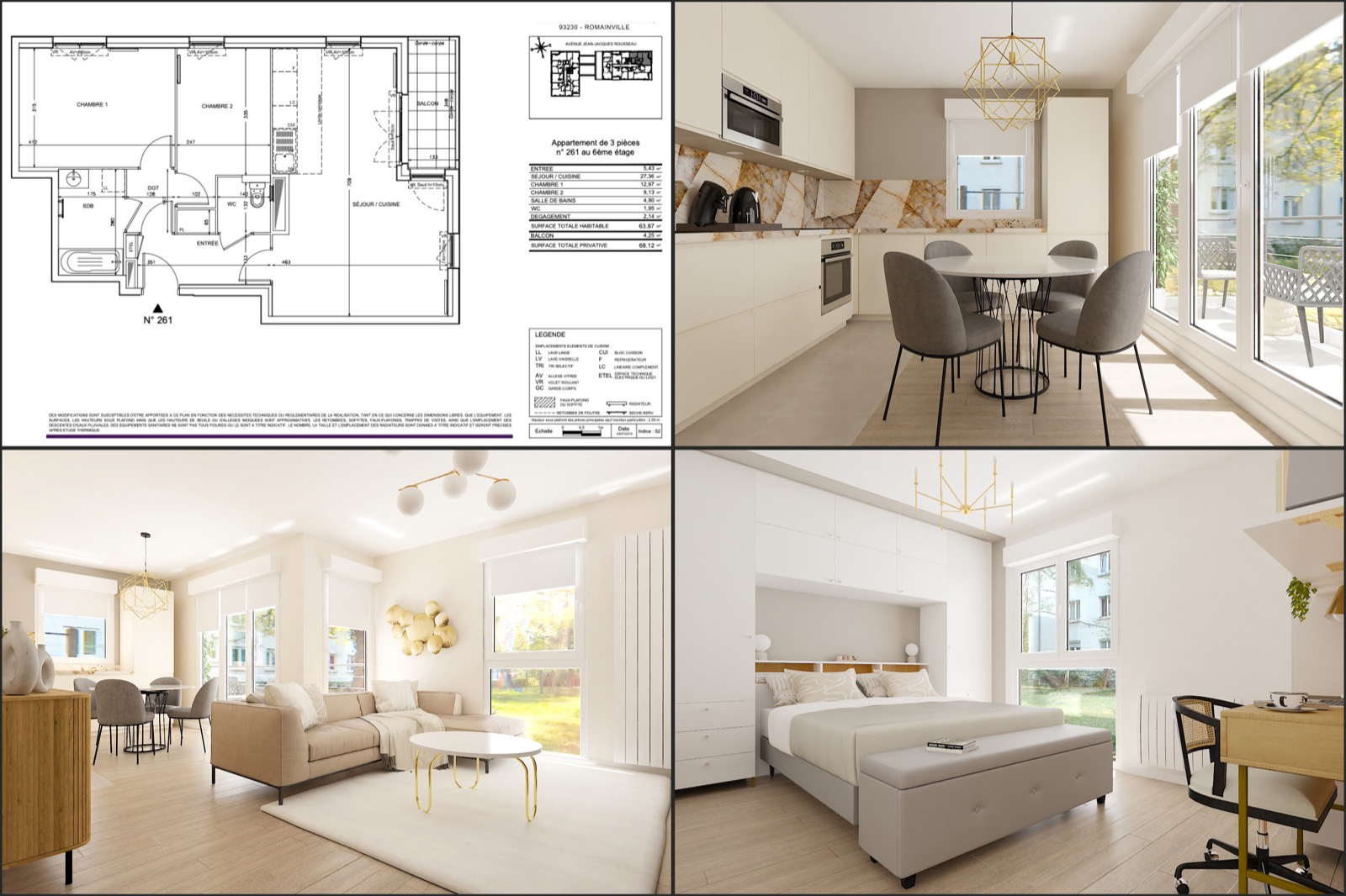 Plan et projection 3D d'un appartement T3, chaque pièce meublée, Namélya